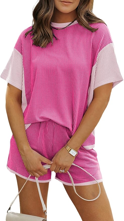 MARZXIN Women 2 Piece Shorts Set 2026 Casual Summer Cruise Outfits Ribbed Loose Short Sleeve Pocket Matching Lounge Sets
