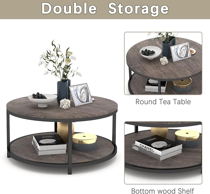 NSdirect Round Coffee Table,36" Coffee Table for Living Room,2-Tier Rustic Wood Desktop with Storage Shelf Modern Design Home Furniture(Light Walnut)
