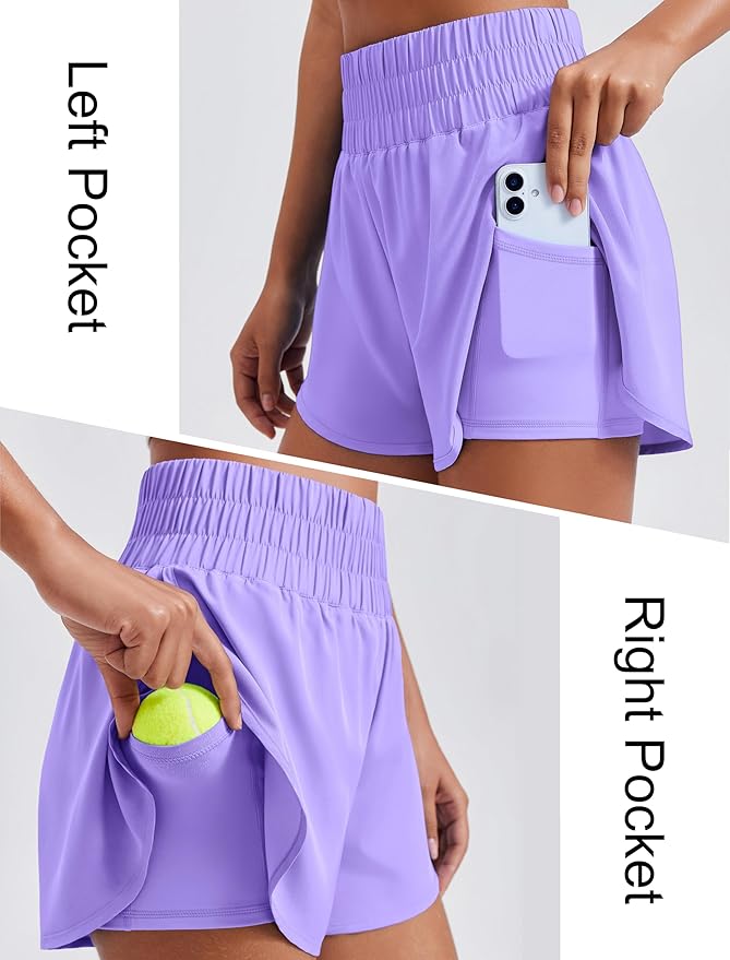 PINSPARK Women's 2 in 1 Running Shorts High-Split Athletic Short High Waisted 3" Liner Workout Gym Short with Pockets