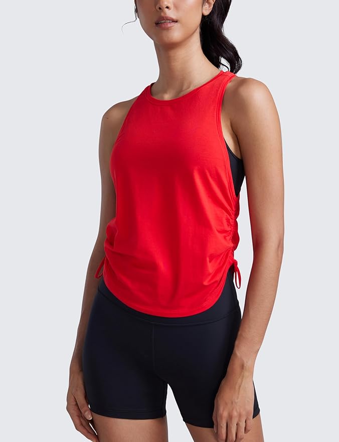 CRZ YOGA Pima Cotton Ruched Side Tank Tops for Women - Workout Athletic Casual Racerback Crewneck Loose Sleeveless Shirts