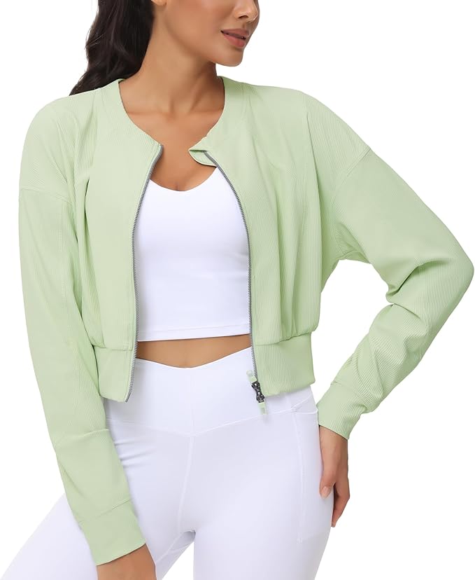 THE GYM PEOPLE Women's Cropped Jackets Full Zip Long Sleeve Ribbed Workout Sweatshirts Lightweight Casual Tops