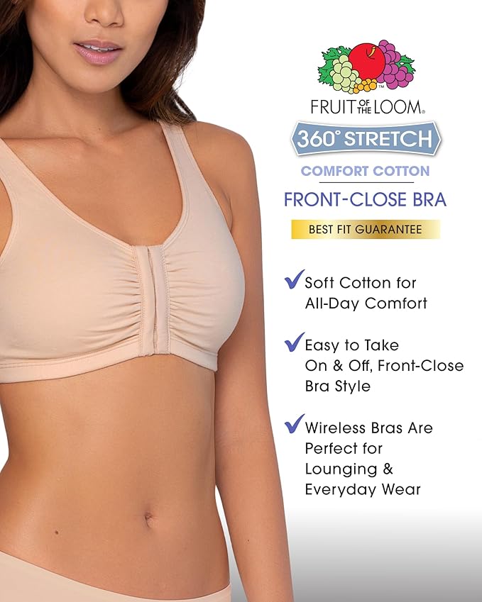 Fruit of the Loom Women's 96014PK Comfort Cotton Blend Front Close Sports Bra 2 Pack