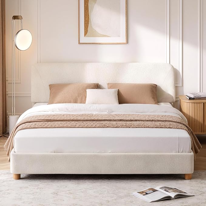Queen Size Cloud Bed Frame, Soft Boucle Bed Frame with Adjustable Headboard, Solid Wood Legs, Rounded Corners Design & Easy Assembly – Modern Platform Bed,Cream