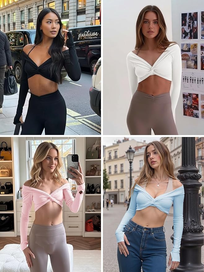 Yousify Womens Long Sleeve Workout Crop Tops Twist Deep V Neck Y2k Yoga Pilates Ballet T Shirt Top with Thumb Holes