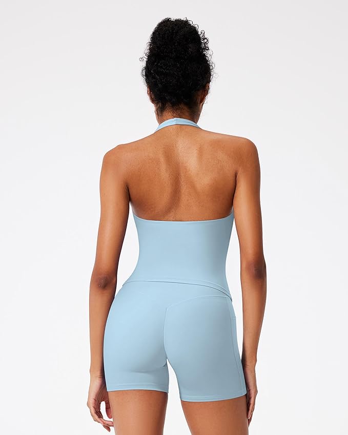 RXRXCOCO Halter Workout Sets for Women 2 Piece V Neck Tank Tops Hidden Scrunch Booty Shorts Gym Outfits with Pockets