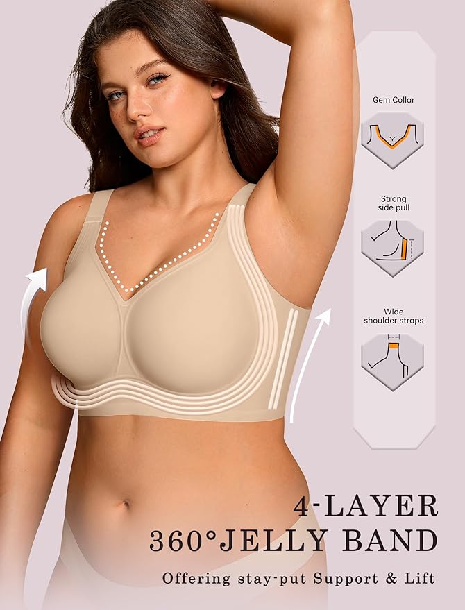 OEAK Womens Wireless Jelly Bra Plus Size Supportive Seamless Bras Full Coverage Push Up Comfortable No Underwire Tshirt Bras