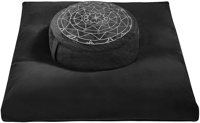 Zafu & Zabuton Meditation Cushion Set - Buckwheat Hull & Memory Foam Pillows, Ergonomic Support for Yoga, Mindfulness - Organic Velvet Cover, Large Size, Durable Comfort (Black)