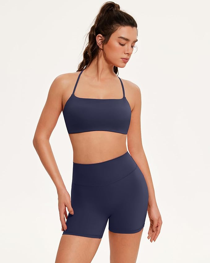 OMKAGI Workout Sets for Women Open Back Strappy Sports Bra Booty Biker Shorts Gym Outfits