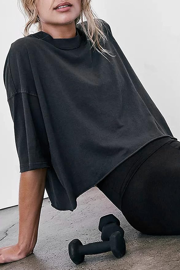 Women's Oversize Workout Crop Tops Casual Short Sleeve Drop Shoulder Boxy T-Shirts Roll Hem Basic Loose Yoga Running Tees