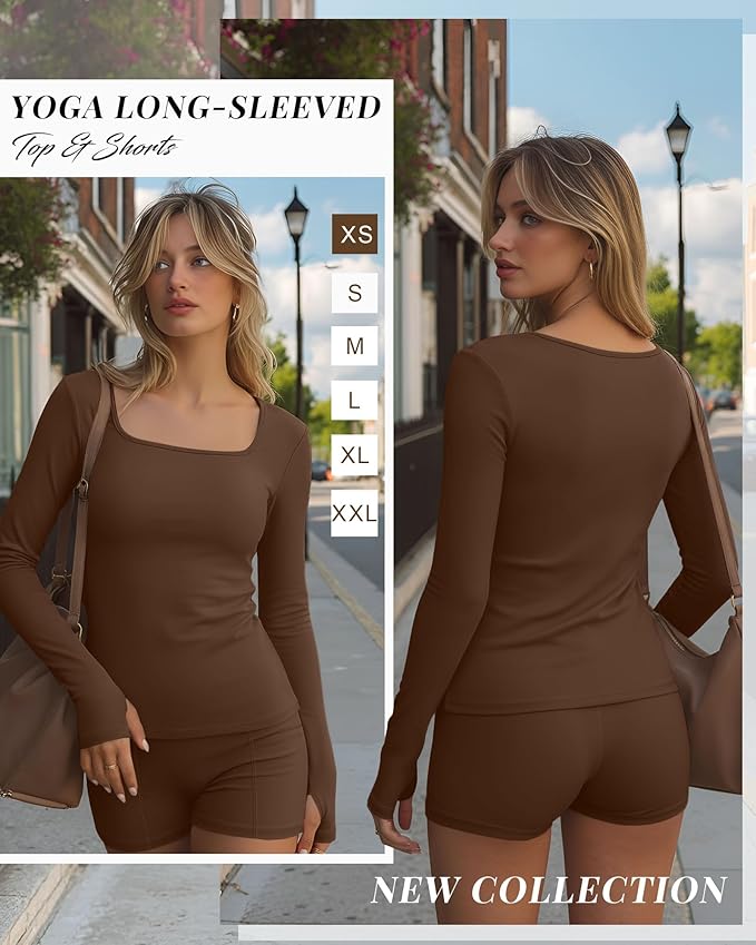 Oakgarden Women's Long Sleeve Yoga Set Square Neck Slim Fit Tops Elastic Soft Thumb Hole Shirt High Waist Shorts with Pockets
