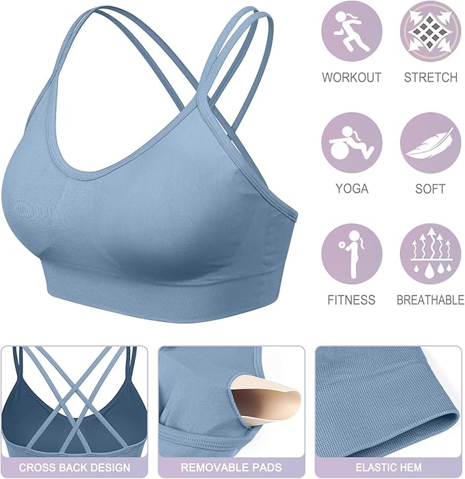 VEQKING Women's Cross Back Sports Bra Padded Strappy Medium Support Yoga Bra for Workout Fitness 3 Pack