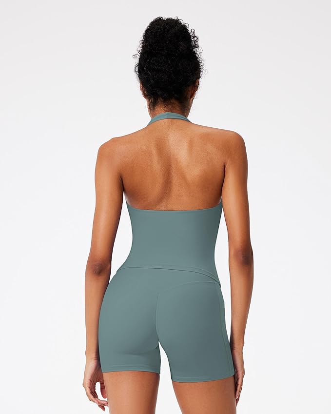 RXRXCOCO Halter Workout Sets for Women 2 Piece V Neck Tank Tops Hidden Scrunch Booty Shorts Gym Outfits with Pockets
