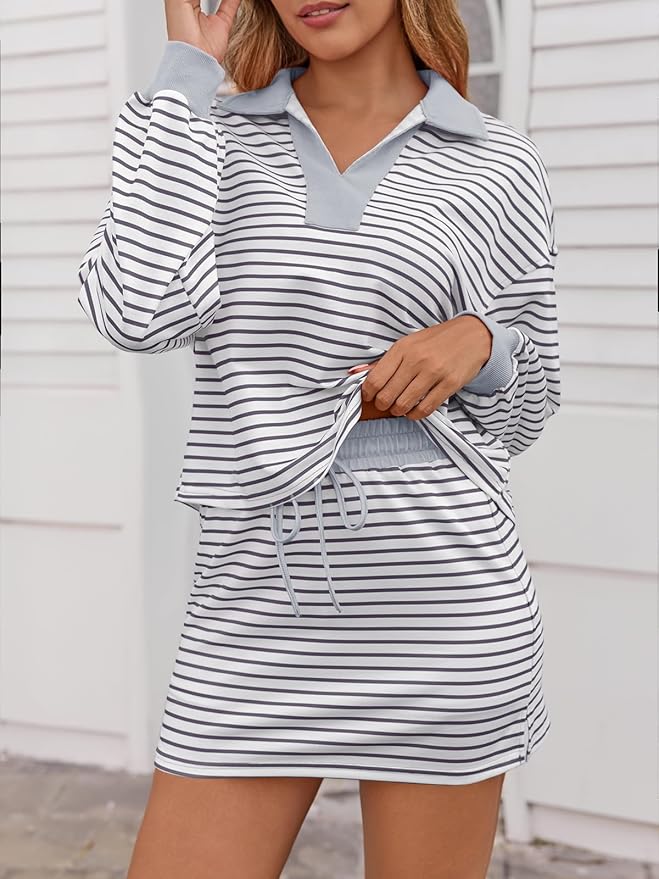 Fisoew Womens Striped 2 Piece Outfits Casual Sweatshirt Skirt Set Long Sleeve Skort Workout Set Matching Lounge Sets