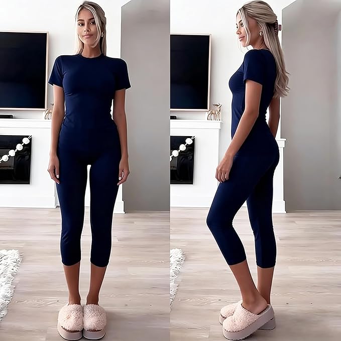 YETOWA Womens 2 Piece Workout Sets High Waisted Tummy Control Crop Top Capri Leggings Stretchy Soft Activewear