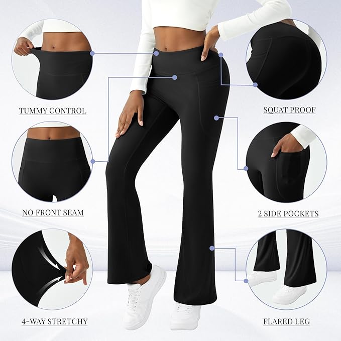 COPYLEAF Womens Yoga Pants with Pockets High Waisted Flare Leggings Bell Bottom Yoga Dress Pants Seamless Bootcut Pants
