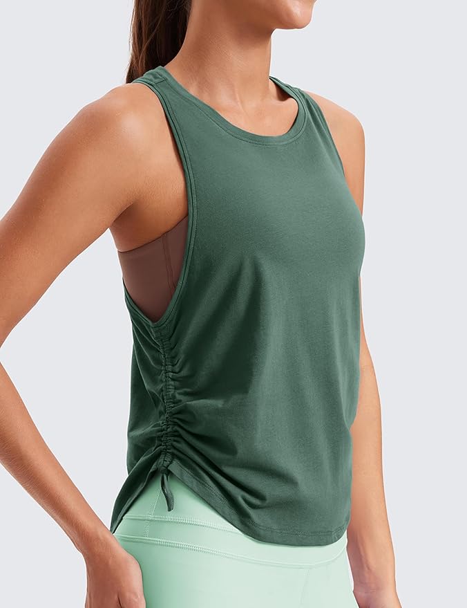 CRZ YOGA Pima Cotton Ruched Side Tank Tops for Women - Workout Athletic Casual Racerback Crewneck Loose Sleeveless Shirts