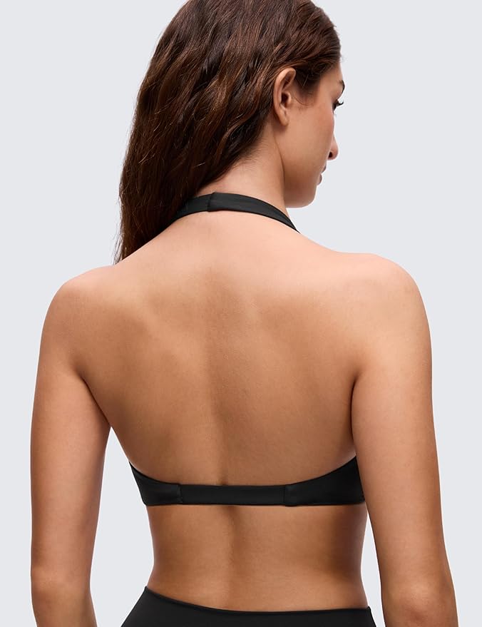 CRZ YOGA Butterluxe Double Lined Twist Halter Sports Bras for Women - Deep V Neck Crop Top Casual Open Back Non Padded