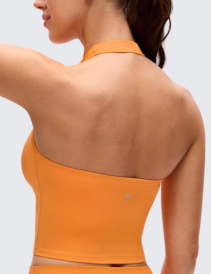 CRZ YOGA Butterluxe Halter Crop Tank Tops for Women - Open Back Padded Longline Sports Bras Workout Gym