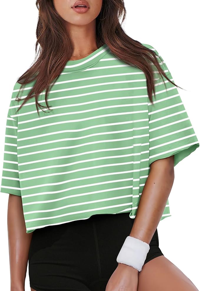 XIEERDUO Cotton Tshirts for Women Drop Shoulder Round Neck Oversized Crop Tops Workout Tops Tees