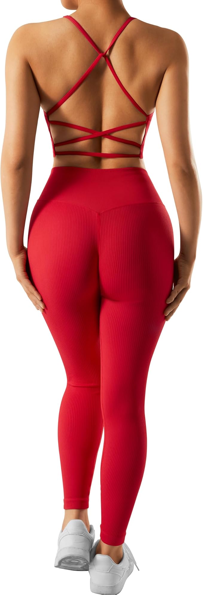 RXRXCOCO Ribbed Workout Sets for Women 2 Piece Backless Strappy Sports Bra Seamless Leggings Matching Set Yoga Outfits