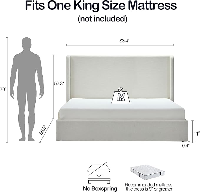 King Size Upholstered Platform Bed Frame, 52.3" High Headboard Carmen Wingback Beds, Tall Headboard King Floor Bed Frames, No Box Spring Needed No Noise, Minimalist, Textured Ivory