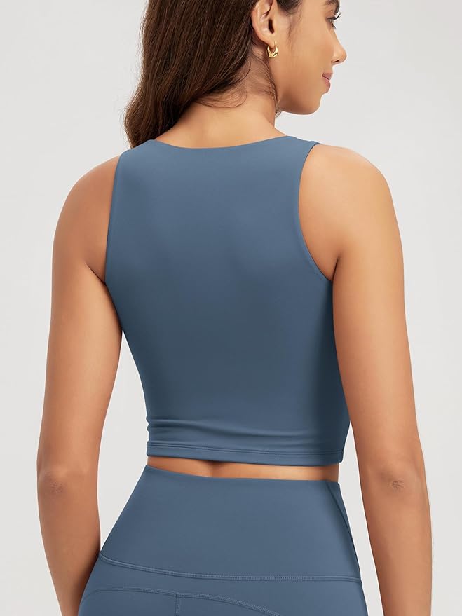 ODODOS Double Layer High Neck Crop Tank for Women Cloud Feeling Sleeveless Casual Yoga Cropped Tops