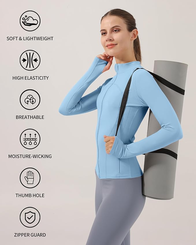 Locachy Women's Slim Fit Full Zip Athletic Running Sports Workout Jacket with Thumb Holes