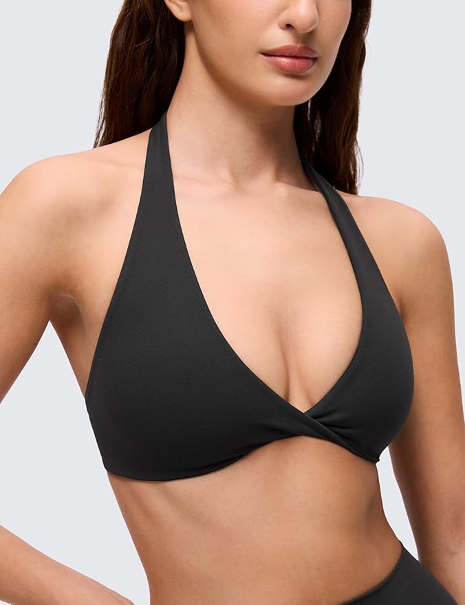 CRZ YOGA Butterluxe Double Lined Twist Halter Sports Bras for Women - Deep V Neck Crop Top Casual Open Back Non Padded