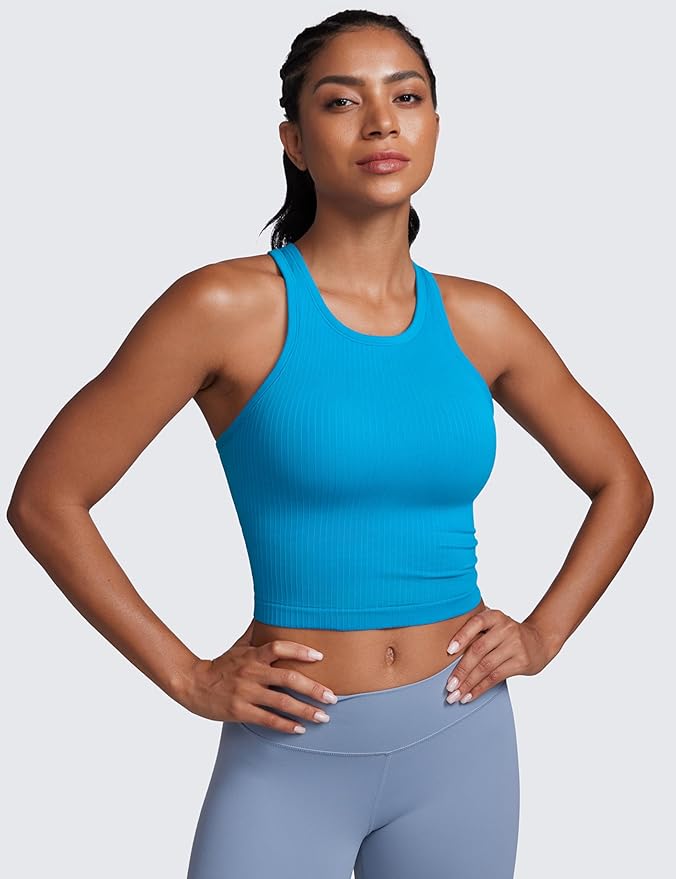 CRZ YOGA Seamless Ribbed High Neck Crop Tank Tops for Women - Longline Racerback Padded Sports Bras