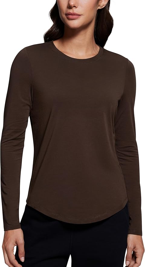 CRZ YOGA Pima Cotton Crewneck Long Sleeve Shirts for Women - Workout Athletic Yoga Casual Tops Soft Plain T-Shirt