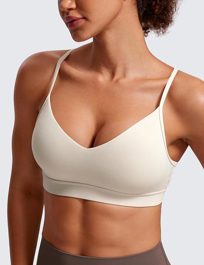 CRZ YOGA Butterluxe V-Neck Sports Bras for Women - Adjustable Thin Straps Padded Yoga Top Basic Wireless Camisole