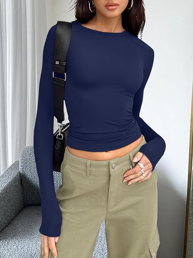Trendy Queen Womens Long Sleeve T Shirts Fall Fashion 2026 Basic Crop Tops Going Out Outfits Y2k Clothes