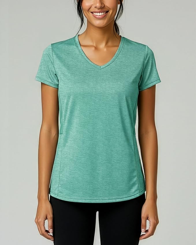 Real Essentials 5 Pack: Women's Dry-Fit Short Sleeve V Neck T Shirt Workout Fitness Yoga Top Tee (Available in Plus Size)