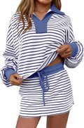 Fisoew Womens Striped 2 Piece Outfits Casual Sweatshirt Skirt Set Long Sleeve Skort Workout Set Matching Lounge Sets