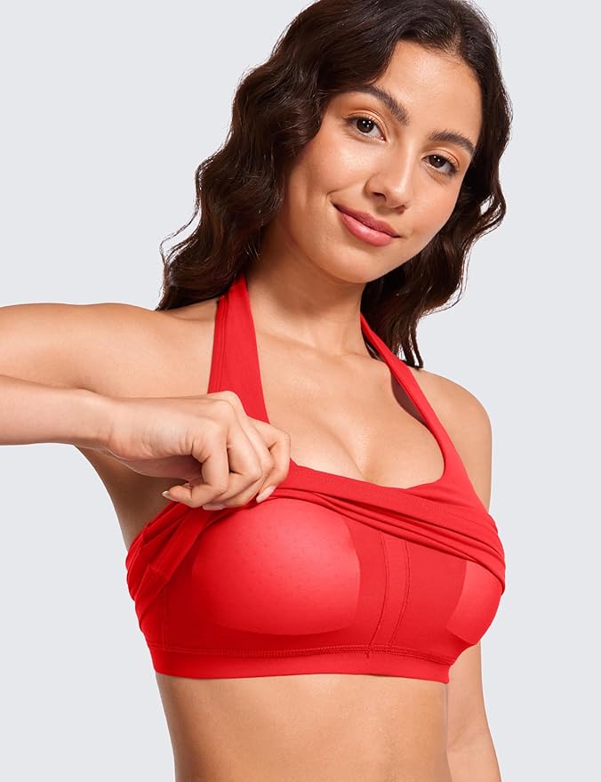 CRZ YOGA Butterluxe Halter Crop Tank Tops for Women - Open Back Padded Longline Sports Bras Workout Gym