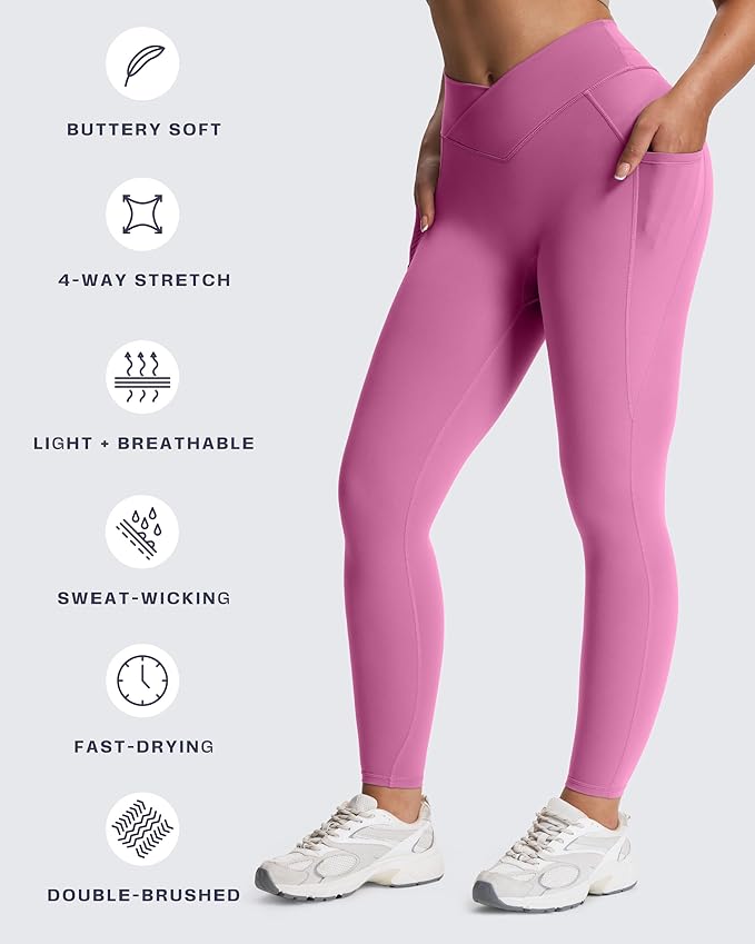 Aoxjox Women's Trinity High Waisted Yoga Pants with Pockets Cross-Waist Tummy Control Buttery Soft Workout Leggings 26"