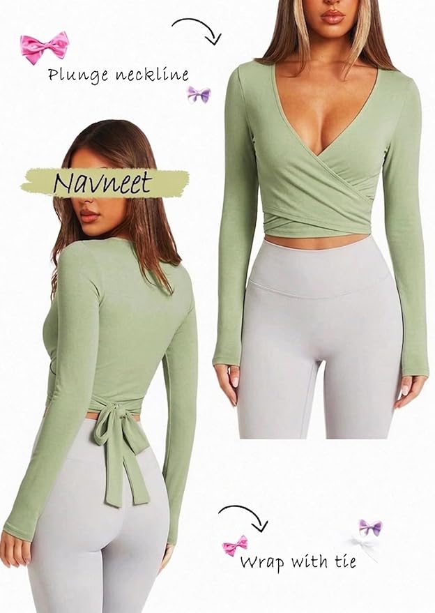 Navneet Women Long Sleeve Ballet Pilates Yoga Wrap Tie Front Tops Workout Gym Shirts Cardigan
