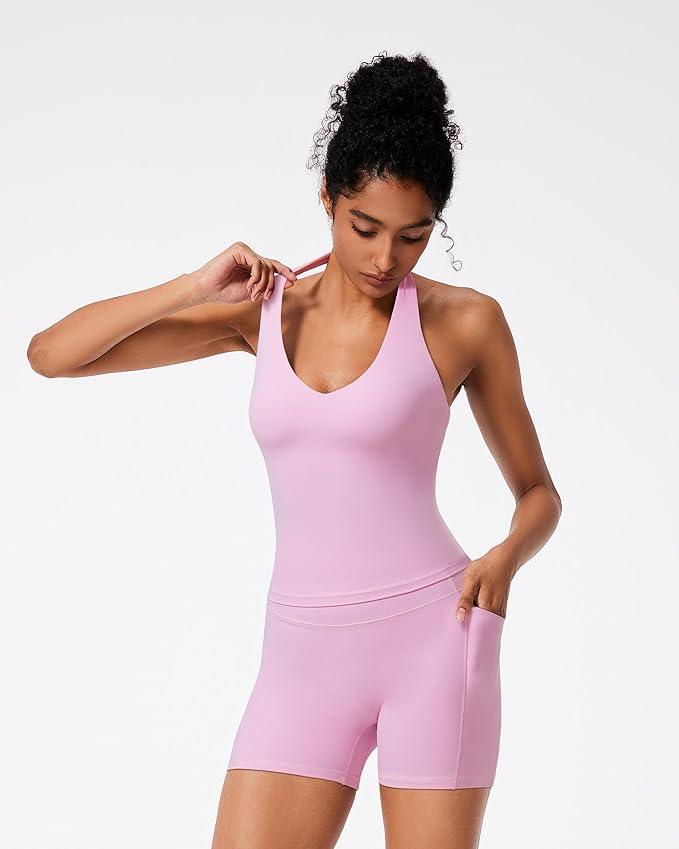 RXRXCOCO Halter Workout Sets for Women 2 Piece V Neck Tank Tops Hidden Scrunch Booty Shorts Gym Outfits with Pockets