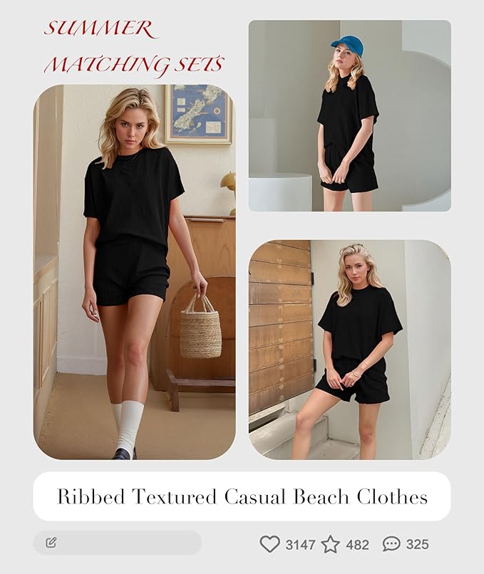 MARZXIN Women 2 Piece Shorts Set 2026 Casual Summer Cruise Outfits Ribbed Loose Short Sleeve Pocket Matching Lounge Sets