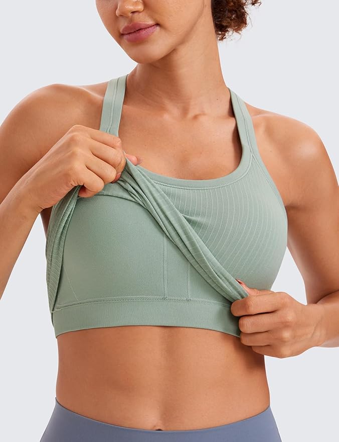 CRZ YOGA Seamless Ribbed Scoop Neck Tank Top for Women - Workout Racerback Padded Athletic Camisole with Built in Bra