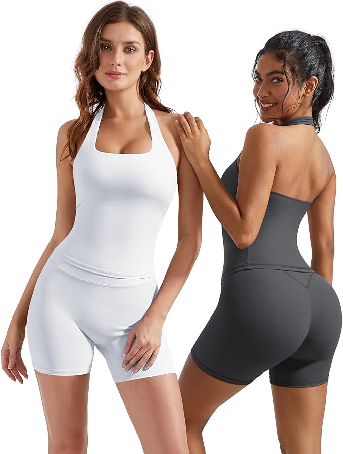 OMKAGI 2 Piece Workout Sets for Women Halter Sports Bra Tank Gym Biker Shorts Outfits