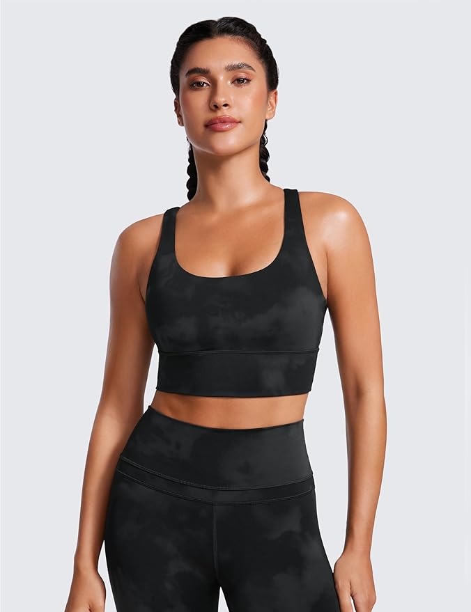CRZ YOGA Naked Feeling Strappy Longline Sports Bras for Women - Medium Impact Criss Cross Yoga Padded Workout Crop Top