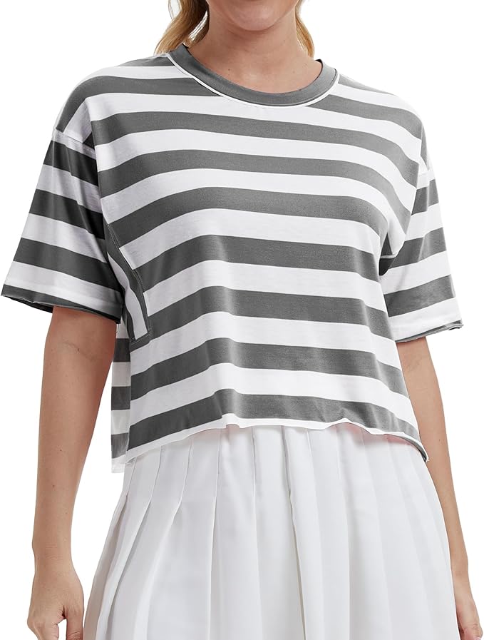 Women's Oversize Workout Crop Tops Casual Short Sleeve Drop Shoulder Boxy T-Shirts Roll Hem Basic Loose Yoga Running Tees