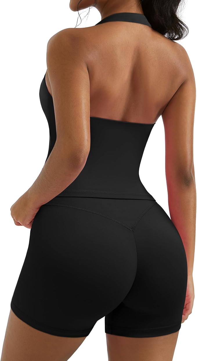 OMKAGI 2 Piece Workout Sets for Women Halter Sports Bra Tank Gym Biker Shorts Outfits