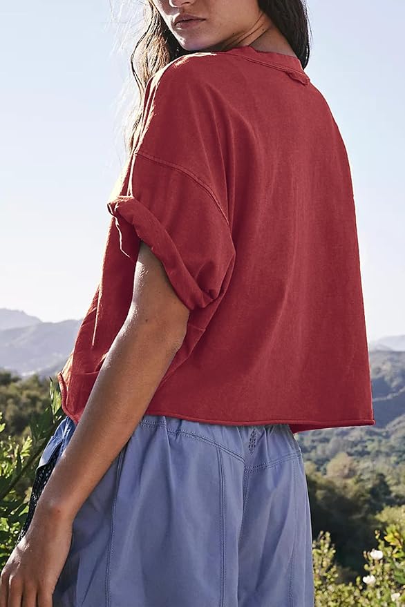 Women's Oversize Workout Crop Tops Casual Short Sleeve Drop Shoulder Boxy T-Shirts Roll Hem Basic Loose Yoga Running Tees