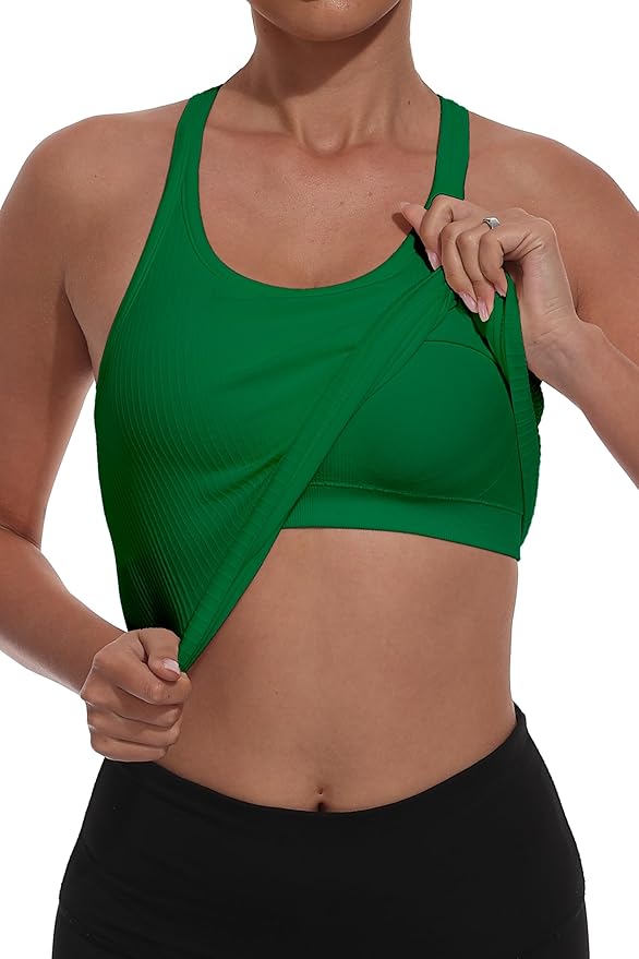 YIOIOIO Women Ribbed Workout Crop Tops with Built in Bra Seamless Yoga Racerback Tank Top Tight Fit