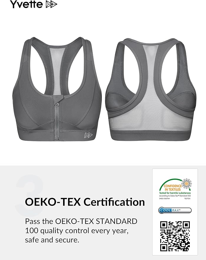 Yvette Zip Front Sports Bra - High Impact Sports Bras for Women Plus Size Workout Fitness Running