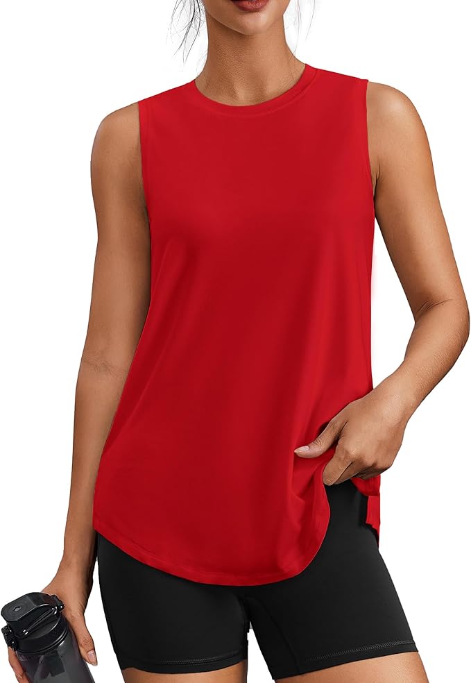 PINSPARK Workout Tops for Women Sleeveless Athletic Tank Tops UPF 50+ Running Tanks with Side Slits Loose Fit Gym Yoga Shirt