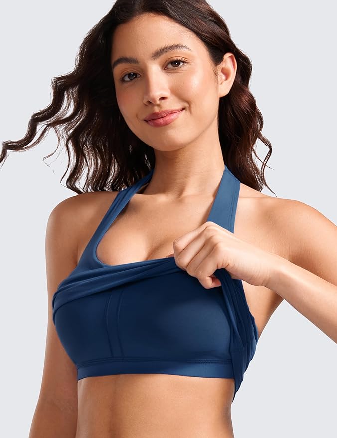 CRZ YOGA Butterluxe Halter Crop Tank Tops for Women - Open Back Padded Longline Sports Bras Workout Gym