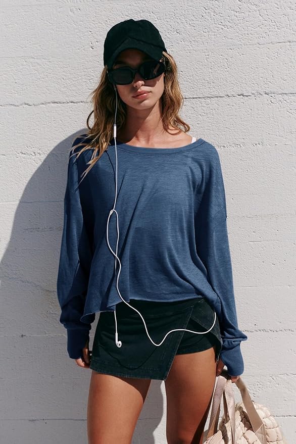 LASLULU Womens Open Back Long Sleeve Workout Tops Athletic Shirts Boat Neck Casual Running Tee Y2k Yoga Gym Tops
